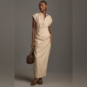 Anthropologie Cap-Sleeve V-Neck Ruched Slim Midi Utility Linen Dress Beige small